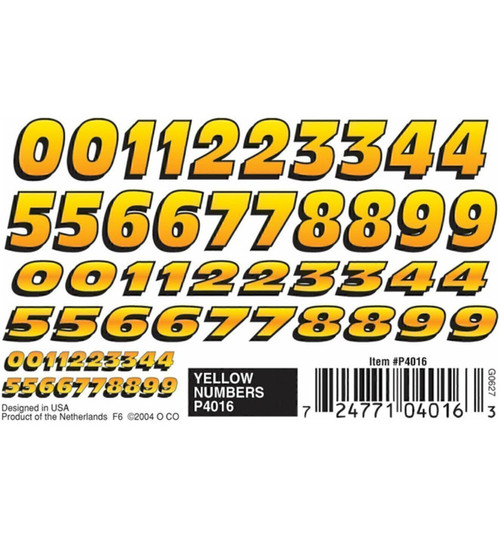 Pinecar Dry Transfer Yellow Numbers PIN4016