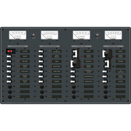 8086 - Blue Sea 8086 AC 3 Sources +12 Positions / DC Main +19 Position Toggle Circuit Breaker Panel  (White Switches)