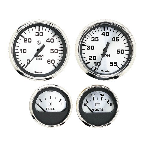 KTF0182 Faria Spun Silver Box Set of 4 Gauges f/Outboard Engines - Speedometer, Tach, Voltmeter &amp; Fuel Level