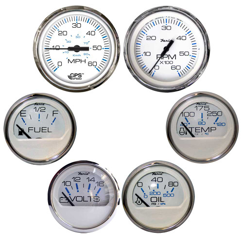 KTF063 Faria Chesapeake White w/Stainless Steel Bezel Boxed Set of 6 - Speed, Tach, Fuel Level, Voltmeter, Water Temperature &amp; Oil PSI