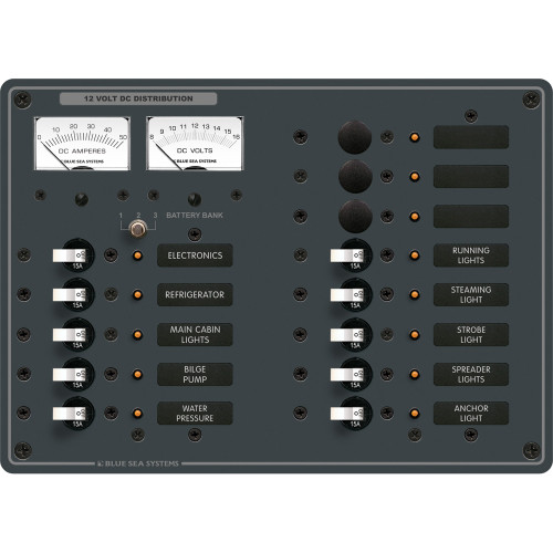 8068 - Blue Sea 8068 DC 13 Position Toggle Branch Circuit Breaker Panel  (White Switches)