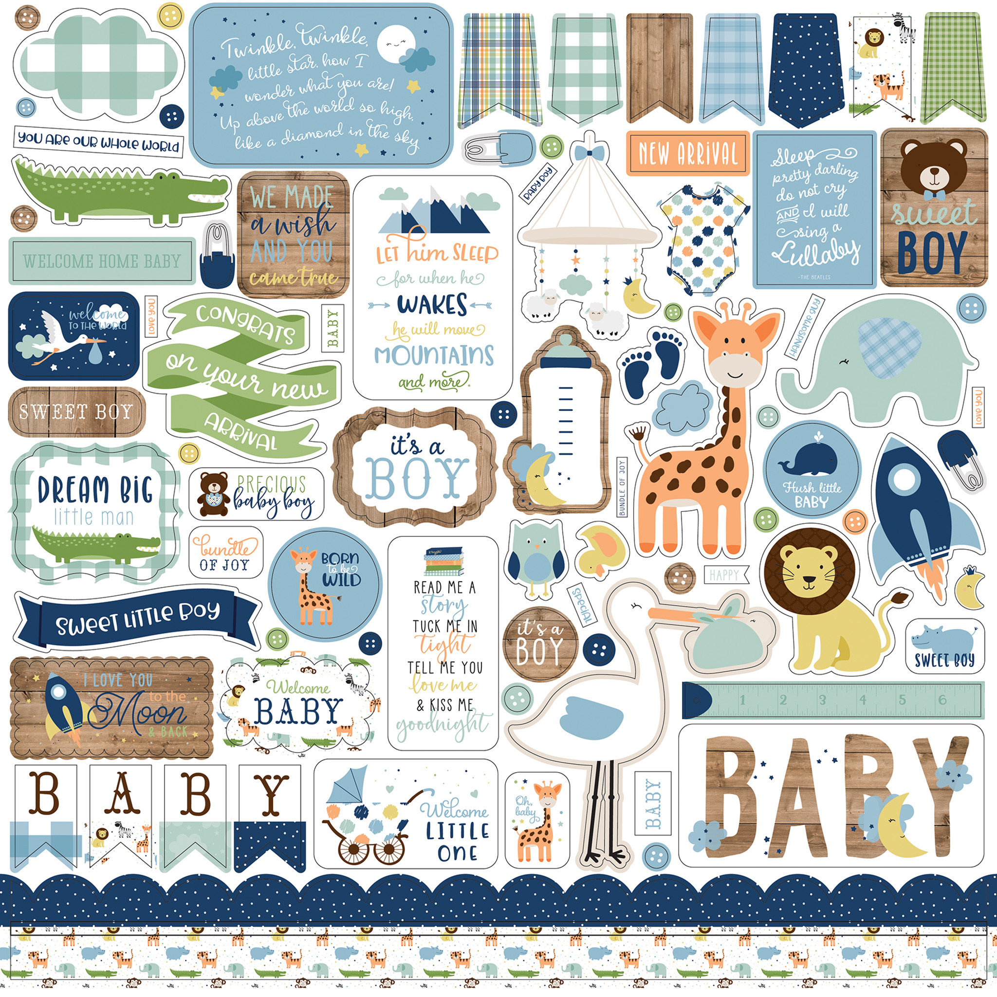 Baby boy elements collection, baby shower stickers set, trendy