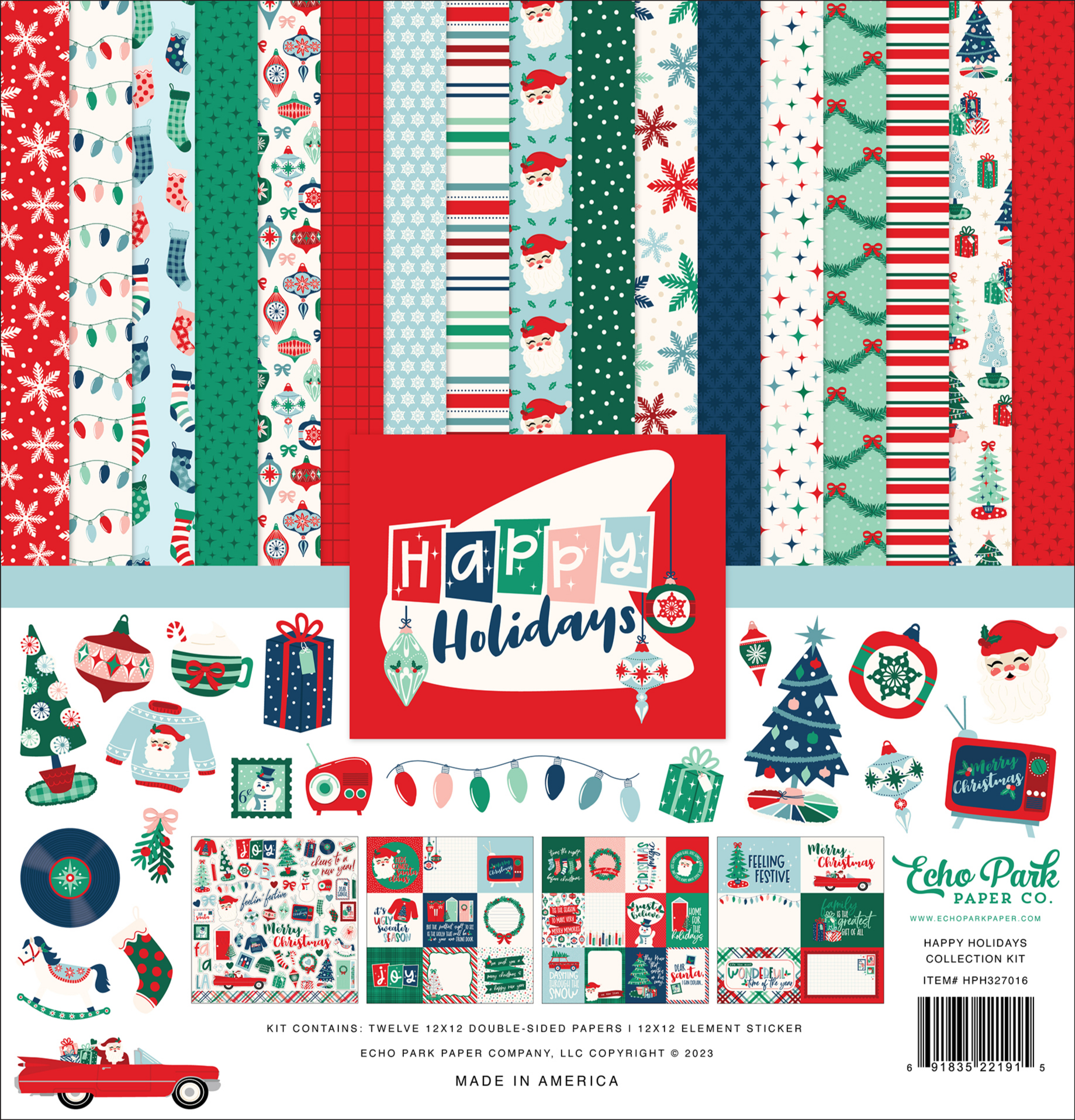 Kit Carta Scrapbooking Holly Jolly Collection – 16 Fogli 12x12 Pollici, Fronte/retro, Rosso E Verde, Con Adesivi, Senza Acidi