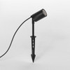 Full side view of Dartmouth IP65 garden spike spotlight with adjustable head, black finish, GU10 compatible