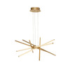 Gold dimmable LED pendant with adjustable rotating arms lit warm white, 55W 3000K
