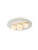 Flush ceiling light in sandy white with 3 illuminated globe shades, 48W CCT, warm white light on, angle view