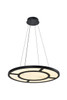 Alabaster circular pendant light in black finish, angled view showing concentric alabaster sections within geometric black aluminium frame, suspended by four cables from matching black canopy
