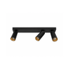 Matt black 3-head adjustable LED ceiling spotlight bar with brass inner barrel — ceiling view