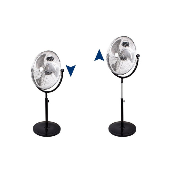18 inch chrome pedestal fan showing height adjustment from low to high position