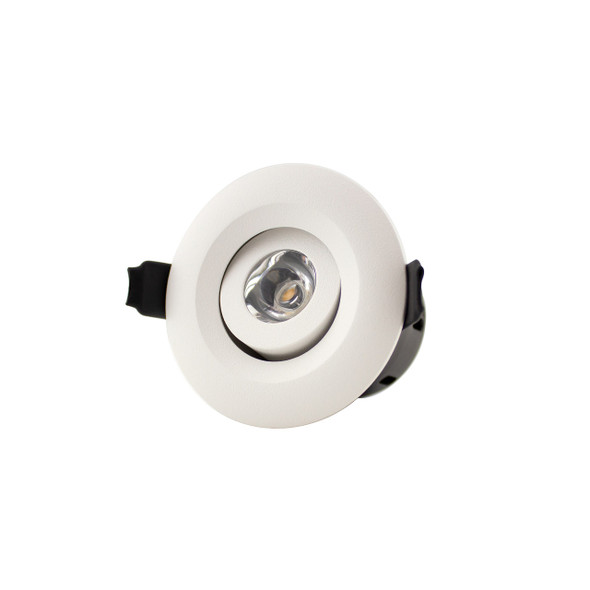 4W LED mini downlight front view with lamp tilted, adjustable, white finish, 4000K, IP44, fire rated, dimmable