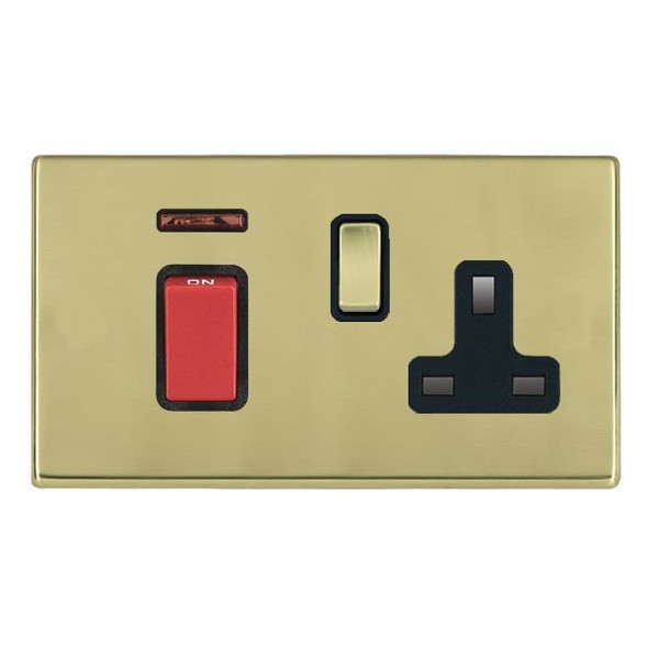 Hartland CFX Polished Brass 45A Double Pole Rocker + Neon + 13A Switched Socket Red+Polished Brass/Black