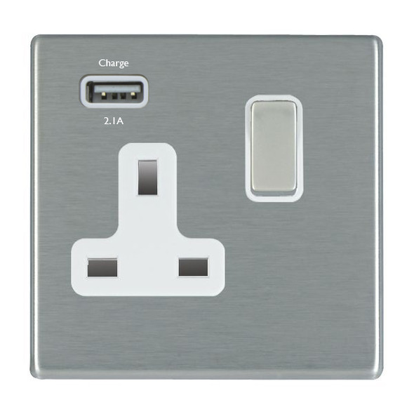 Hartland CFX Satin Steel Effect 1 gang 13A Single Pole Switched Socket with 1 USB Outlets 1x2.1A Satin Steel/White