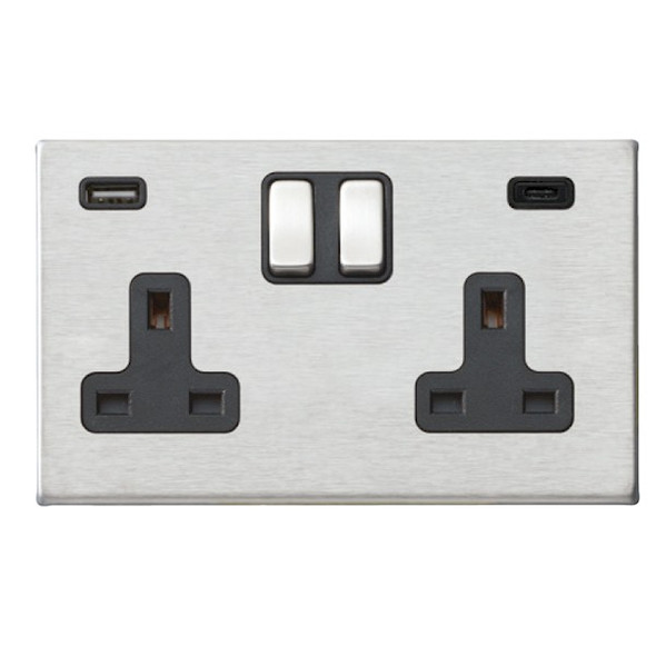 Hartland CFX Satin Steel Effect 2 gang 13A Double Pole Switched Socket with 1 USB + 1 USB Type C Outlet 2x2.4A Satin Steel/Black