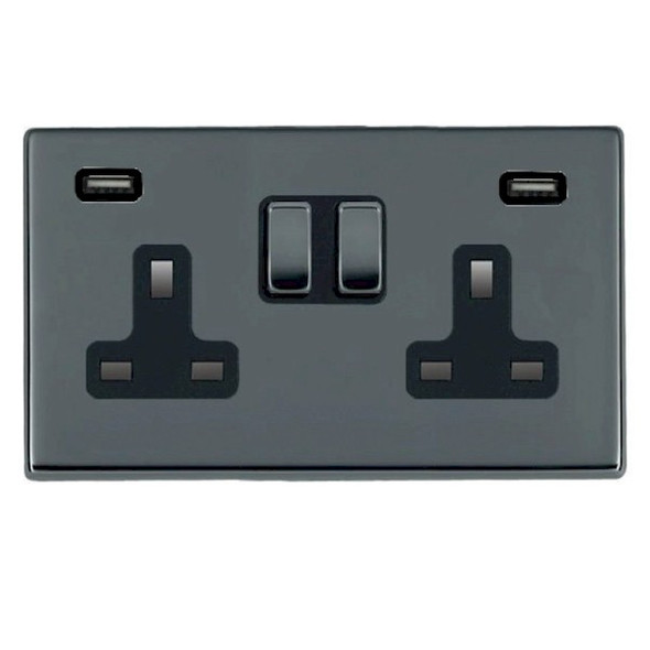 Hartland CFX Black Nickel 2 gang 13A Double Pole Switched Socket with 1 USB + 1 USB Type C Outlet 2x2.4A Black Nickel/Black