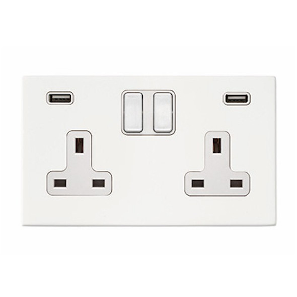 Hartland CFX Colours Bright White 2 gang 13A Double Pole Switched Socket with 2 USB Ultra Outlets 2x2.4A White/White