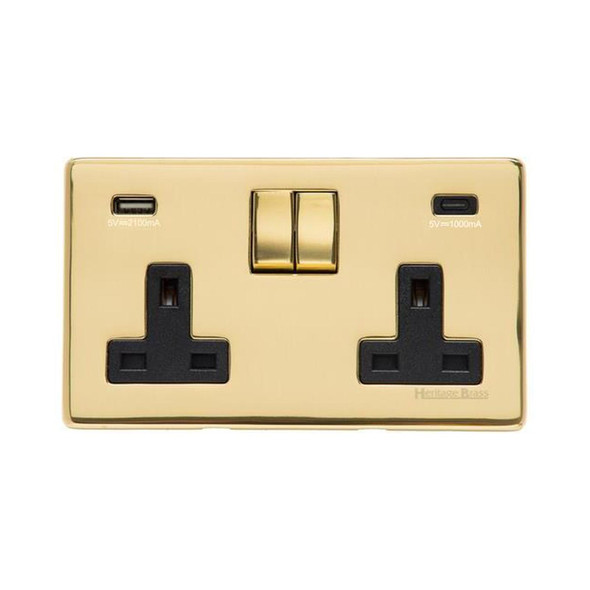 Studio Range 2G 13A Socket with USB-A & USB-C in Polished Brass  - Black Trim