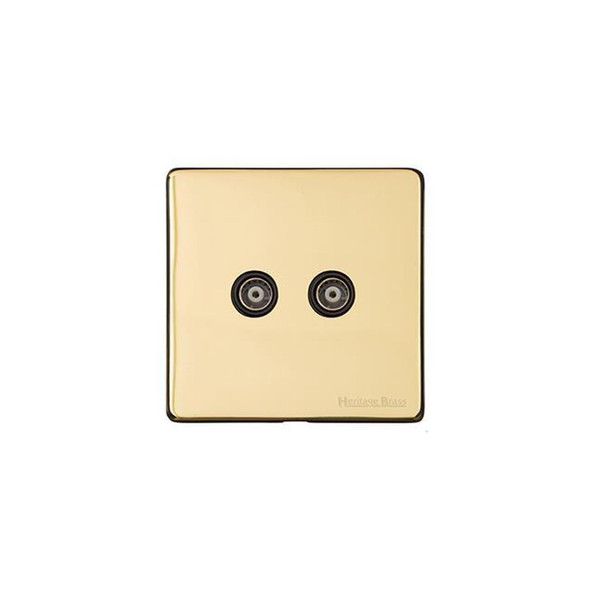 Studio Range 2 Gang TV Coaxial Socket in Polished Brass  - Black Trim