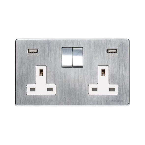 Studio Range Double USB Socket (13 Amp) in Satin Chrome  - White Trim