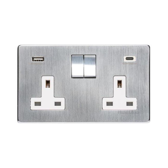 Studio Range 2G 13A Socket with USB-A & USB-C in Satin Chrome  - White Trim