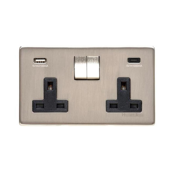 Studio Range 2G 13A Socket with USB-A & USB-C in Satin Nickel  - Black Trim