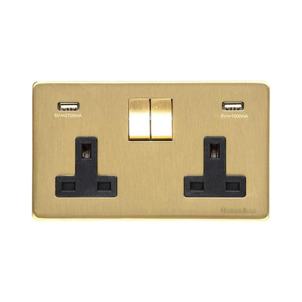 Studio Range Double USB Socket (13 Amp) in Satin Brass  - Black Trim