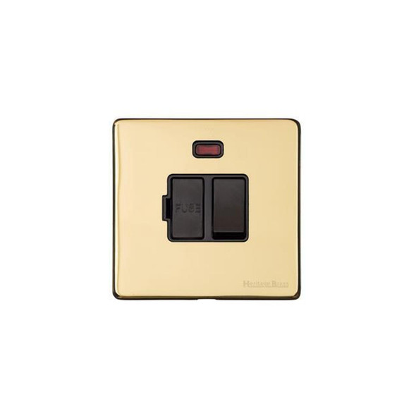 Vintage Range Switched Spur with Neon (13 Amp) in Polished Brass  - Black Trim