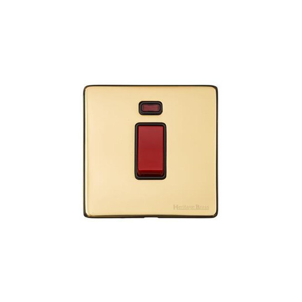 Vintage Range 45A DP Cooker Switch with Neon (single plate) in Polished Brass  - Black Trim