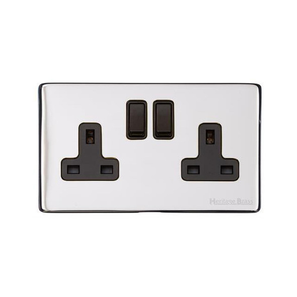 Vintage Range Double Socket (13 Amp) in Polished Chrome  - Black Trim