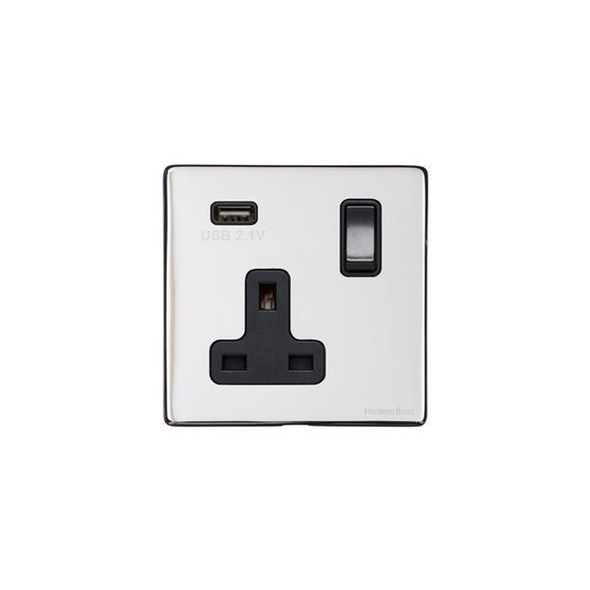 Vintage Range Single USB Socket (13 Amp) in Polished Chrome  - Black Trim