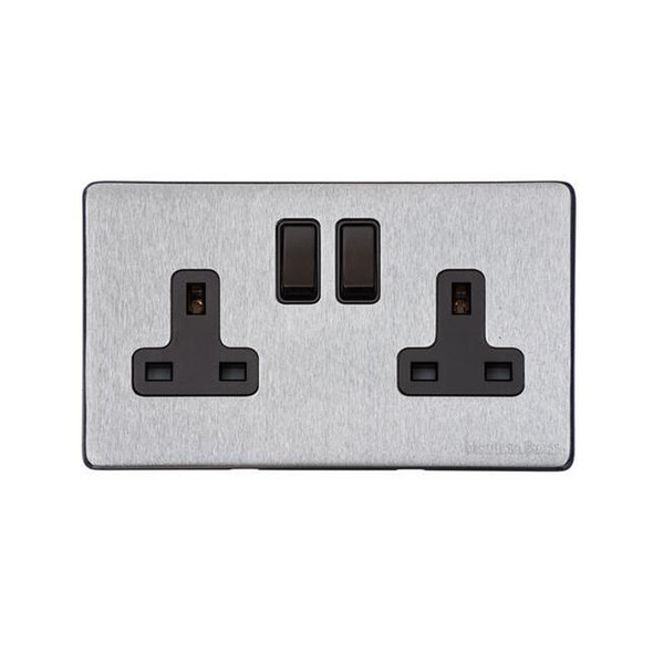 Vintage Range Double Socket (13 Amp) in Satin Chrome  - Black Trim