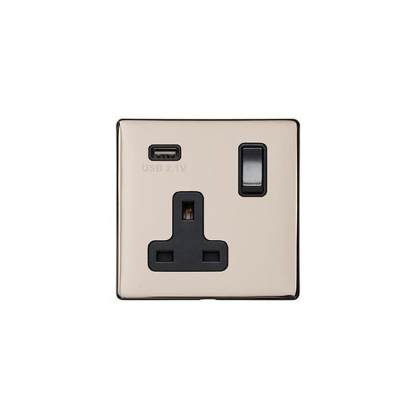 Vintage Range Single USB Socket (13 Amp) in Satin Nickel  - Black Trim