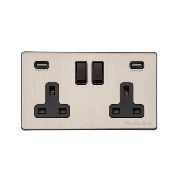 Vintage Range Double USB Socket (13 Amp) in Satin Nickel  - Black Trim