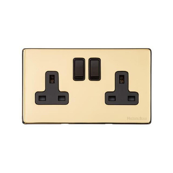 Vintage Range Double Socket (13 Amp) in Unlacquered Polished Brass  - Black Trim