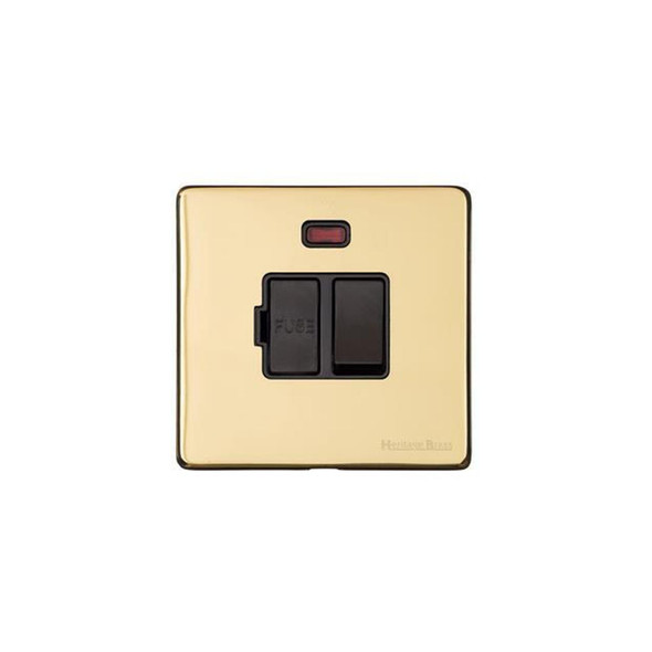 Vintage Range Switched Spur with Neon (13 Amp) in Unlacquered Polished Brass  - Black Trim