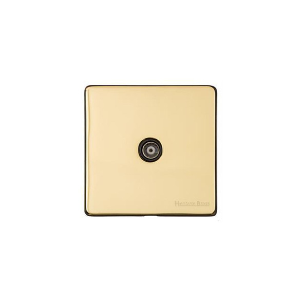 Vintage Range 1 Gang Non-Isolated TV Coaxial Socket in Unlacquered Polished Brass  - Black Trim