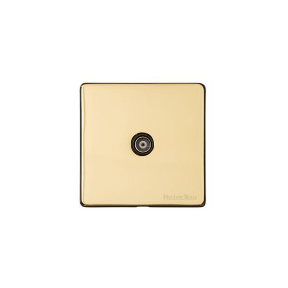 Vintage Range 1 Gang Isolated TV Coaxial Socket in Unlacquered Polished Brass  - Black Trim