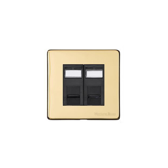 Vintage Range 2 Gang Secondary Line Socket in Unlacquered Polished Brass  - Black Trim