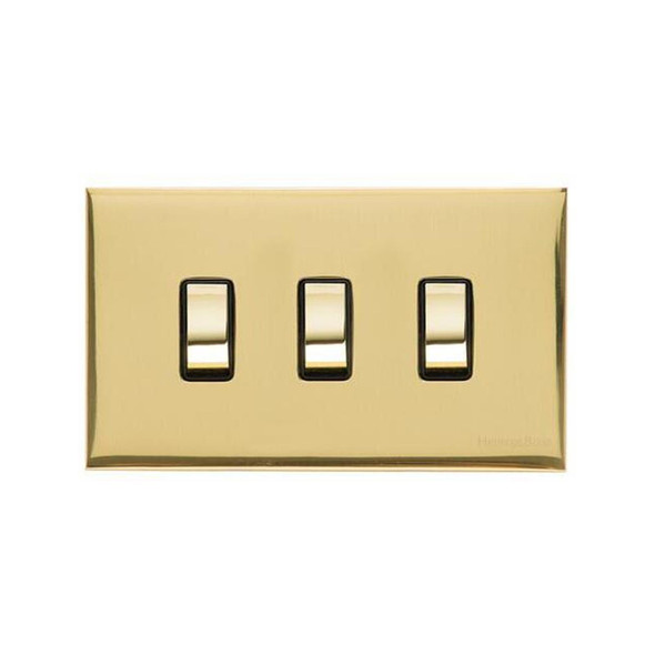 Winchester Range 3 Gang Rocker Switch (10 Amp) Double Plate in Polished Brass  - Black Trim