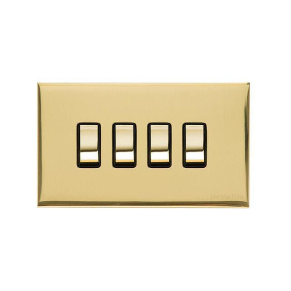 Winchester Range 4 Gang Rocker Switch (10 Amp) in Polished Brass  - Black Trim