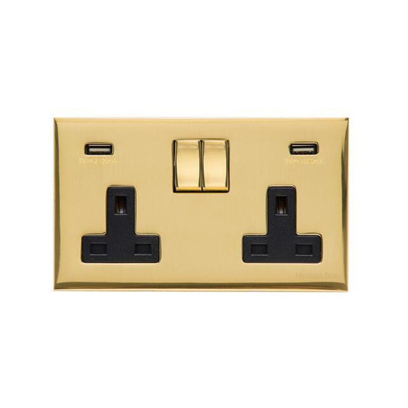 Winchester Range Double USB Socket (13 Amp) in Polished Brass  - Black Trim