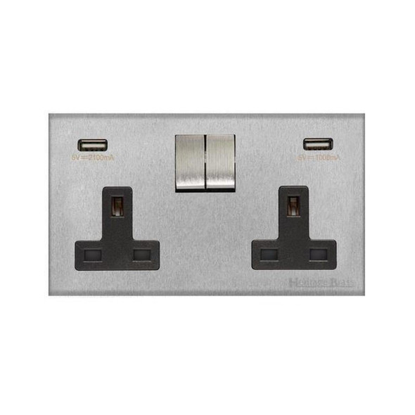 Winchester Range Double USB Socket (13 Amp) in Satin Chrome  - Black Trim