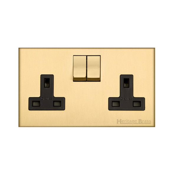 Winchester Range Double Socket (13 Amp) in Satin Brass  - Black Trim