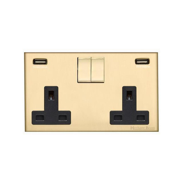 Winchester Range Double USB Socket (13 Amp) in Satin Brass  - Black Trim