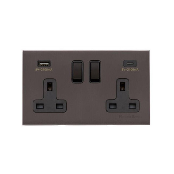 Windsor Range 2G 13A Socket with USB-A & USB-C in Matt Bronze  - Black Trim