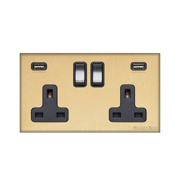 Windsor Range Double USB Socket (13 Amp) in Satin Brass  - Black Trim