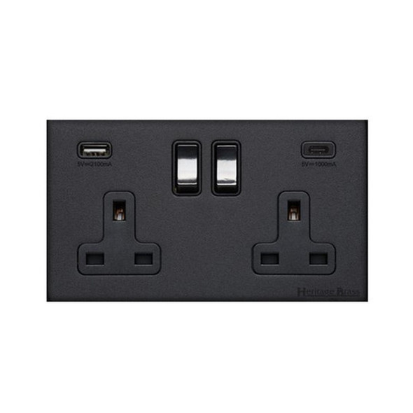 Windsor Range 2G 13A Socket with USB-A & USB-C in Matt Black  - Black Trim