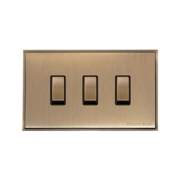 Executive Range 3 Gang Rocker Switch (10 Amp) Double Plate in Antique Brass  - Black Trim
