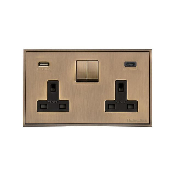 Executive Range 2G 13A Socket with USB-A & USB-C in Antique Brass  - Black Trim