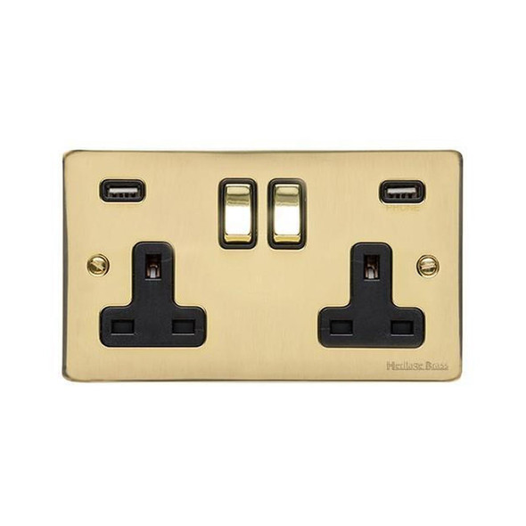 Elite Flat Plate Range Double USB Socket (13 Amp) in Polished Brass  - Black Trim