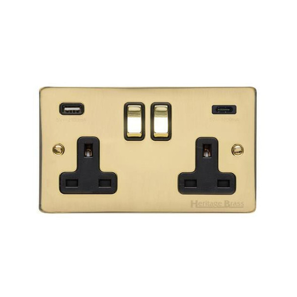 Elite Flat Plate Range 2G 13A Socket with USB-A & USB-C in Polished Brass  - Black Trim